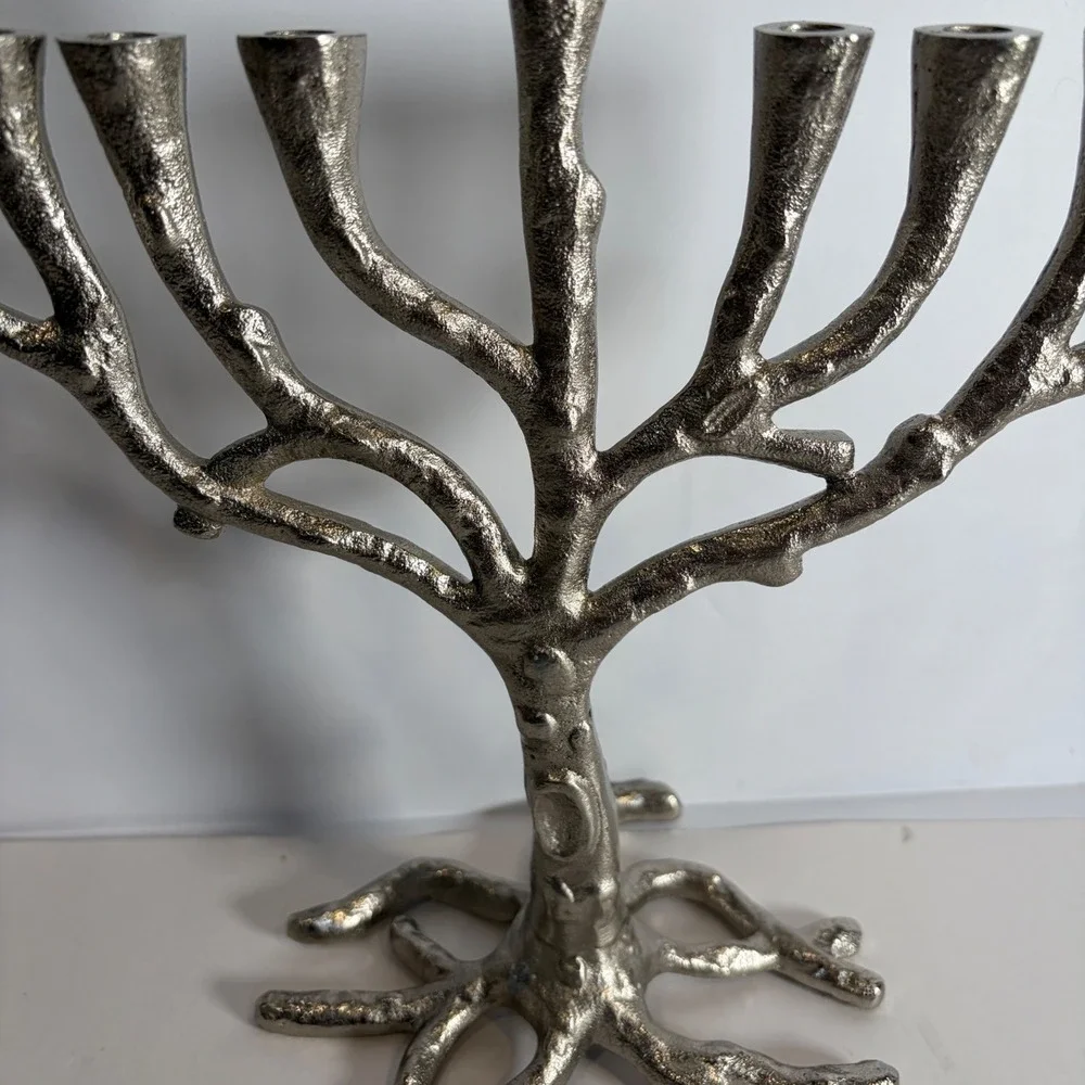 Tree of Life Hanukkah Menorah Silver Tone Cast Metal Branch Design Candelabra
